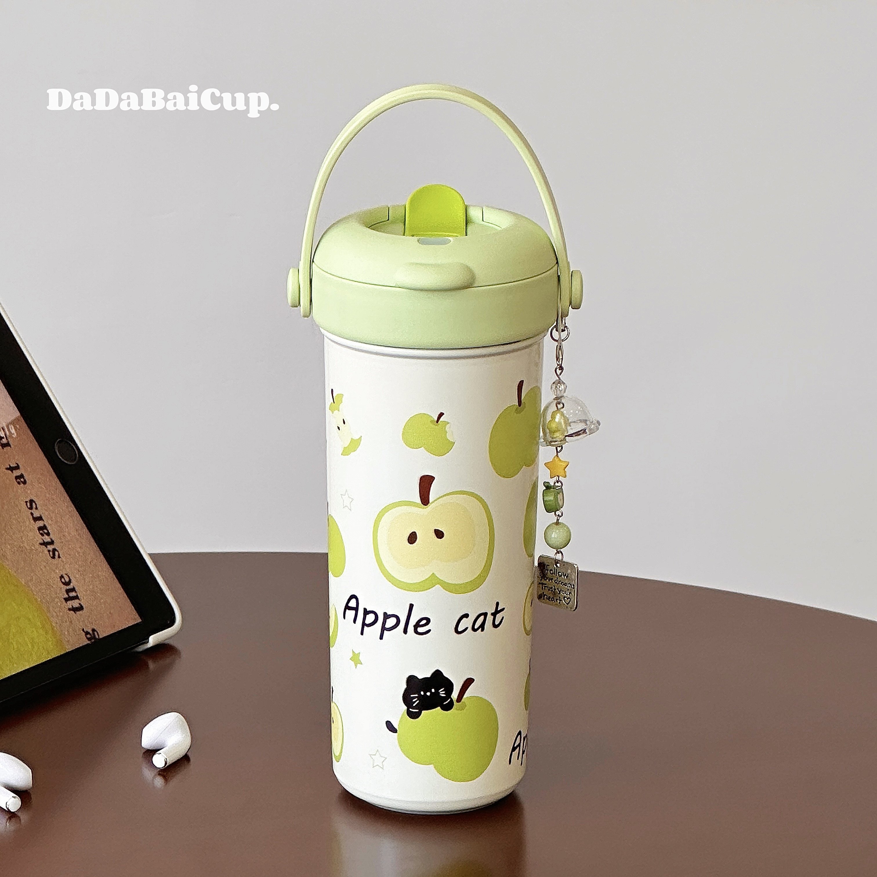 青苹果猫大容量杯子2025新款女生高颜值保温杯吸管水杯学生双饮口,餐饮具,保冷/保温杯,淘宝优惠券,粉丝福利购,淘宝优惠卷