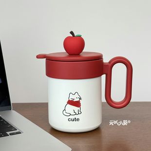 苹果猫陶瓷内胆保温杯马克杯2025新款高颜值桌面把手杯子带盖女生
