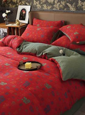 A类双层纱百福四件套床上全棉床品纯棉床单被套大红色婚庆结婚用