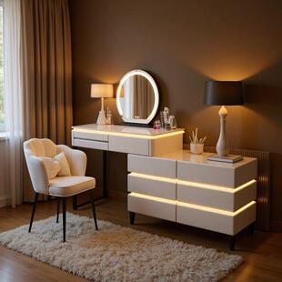实木梳妆台奶油新款高档化妆台化妆收纳简约现代岩板带灯梳妆台