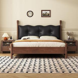 中古风床北欧实木床现代简约1.8M双人床复古法式 床软包主卧小户型