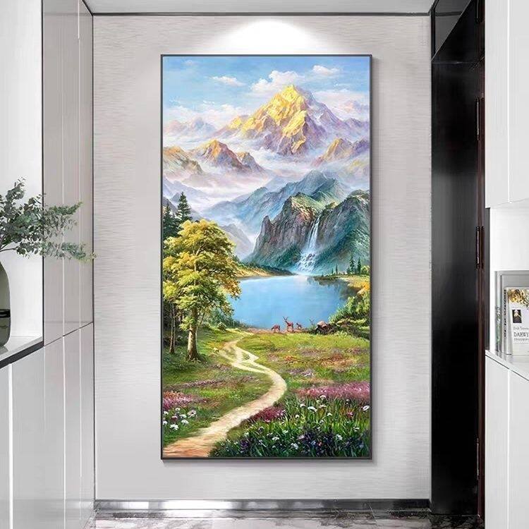 定制款金山聚宝盆手绘风景油画玄关竖版立体壁画轻奢高山流水挂画