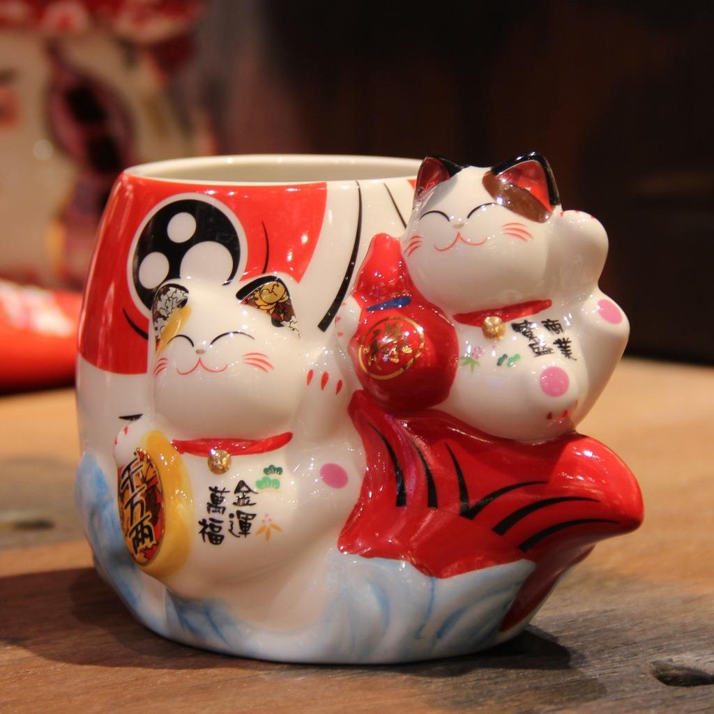 喵多功日式陶财瓷招乐猫笔筒办公室用能品收纳盒桌面ZII摆件学生