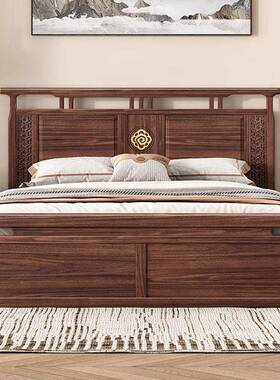 中式黑胡桃木实木床新复古大床1.mJCK卧室储主物婚床现代简约8新