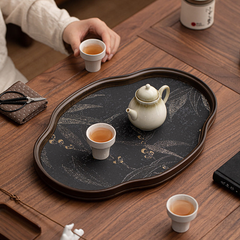 中式海棠花玻璃茶托盘竹制茶盘茶道简约家用茶室水果点心盘收纳盘