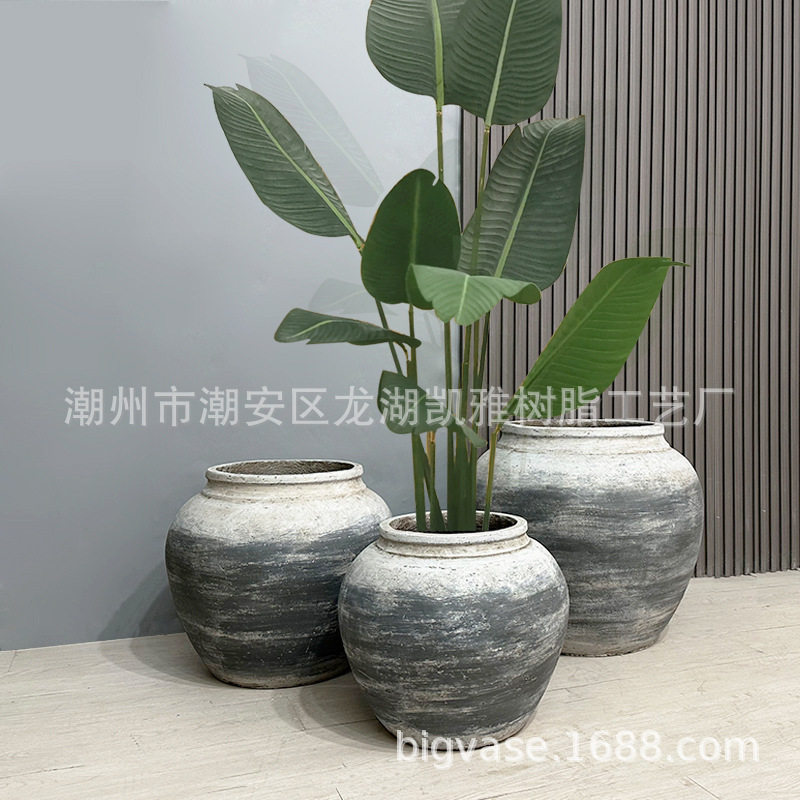 中式复古风格水泥花盆中餐厅室内户外大堂售楼处园林绿植摆设造景