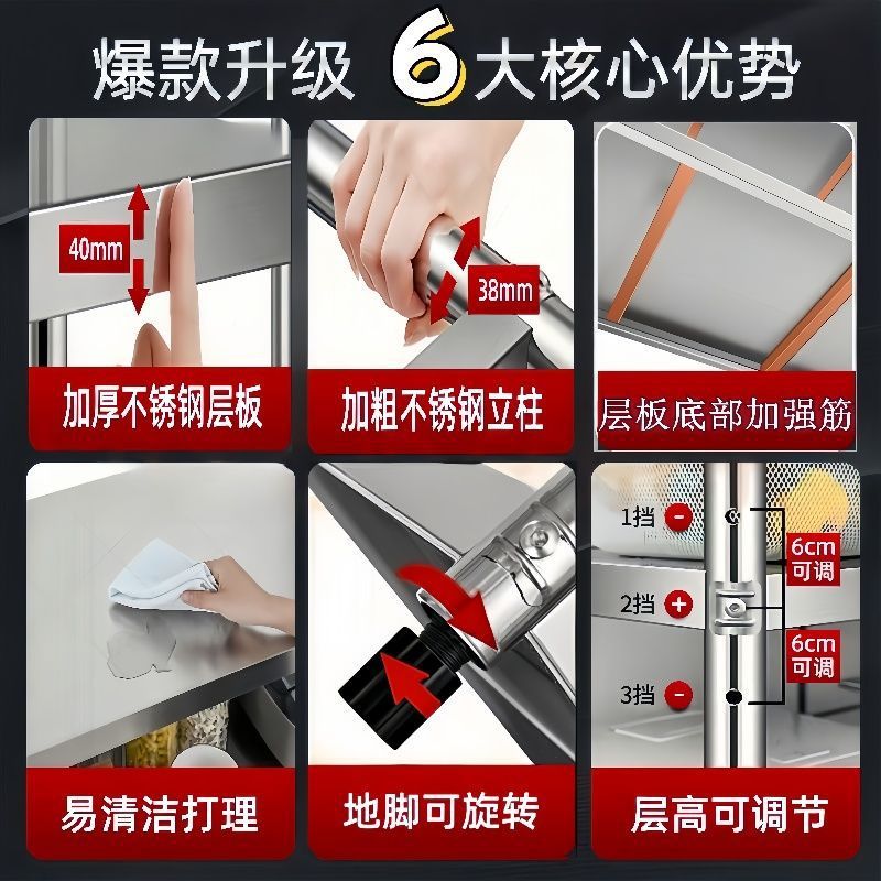 厨房置物架不锈钢色货架置物架家用微波炉架五层收纳架落地置物架