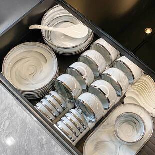 高级感银边大理石纹碗碟套装家用陶瓷碗筷碗盘子组合乔迁餐具全套