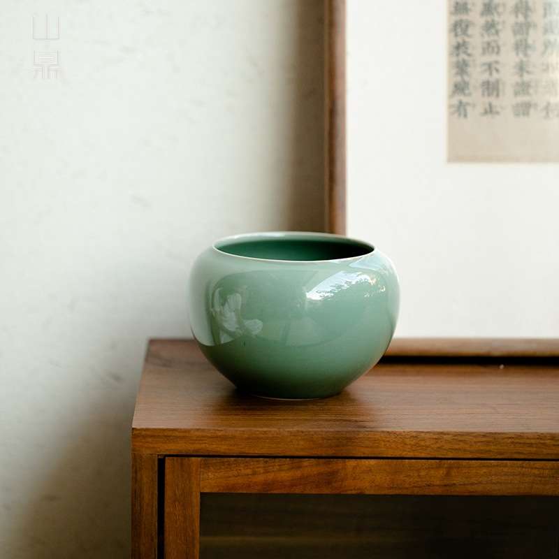 山鼎越窑青建水茶洗茶渣缸倒茶缸废水缸陶瓷杯洗中式家用茶道配件
