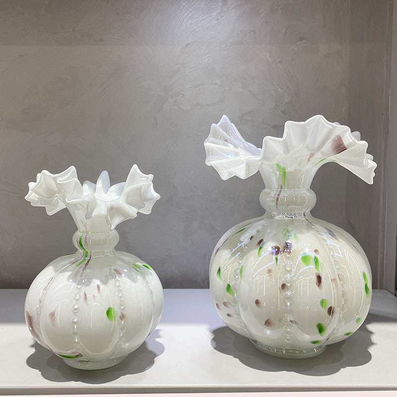 中古珠光白豆瓣芬顿花瓶复古小南瓜玻璃桌面花瓶家用插花水培花器