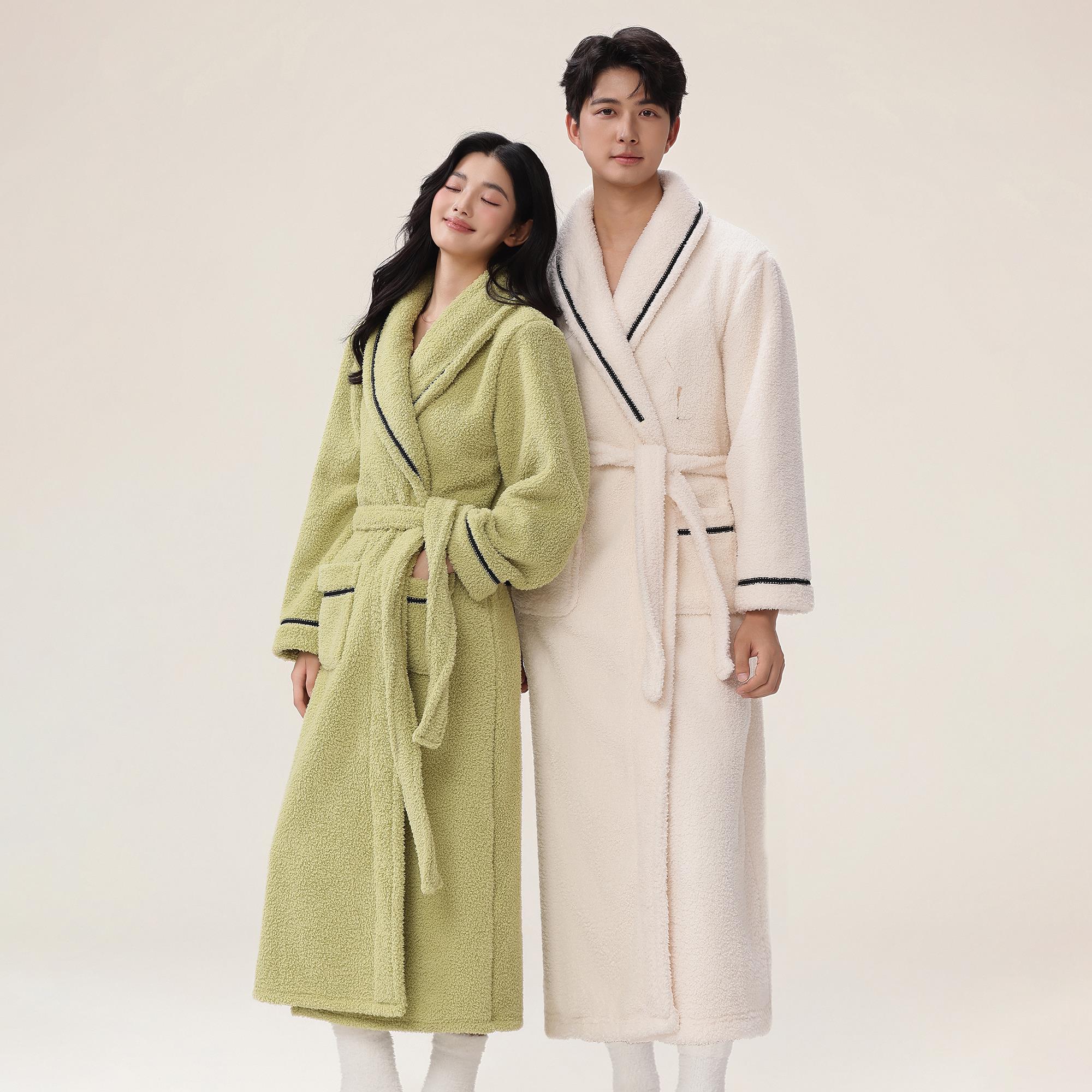 睡袍情侣款加厚保暖珊瑚绒睡衣女士法兰绒加长浴衣家居服套装男士