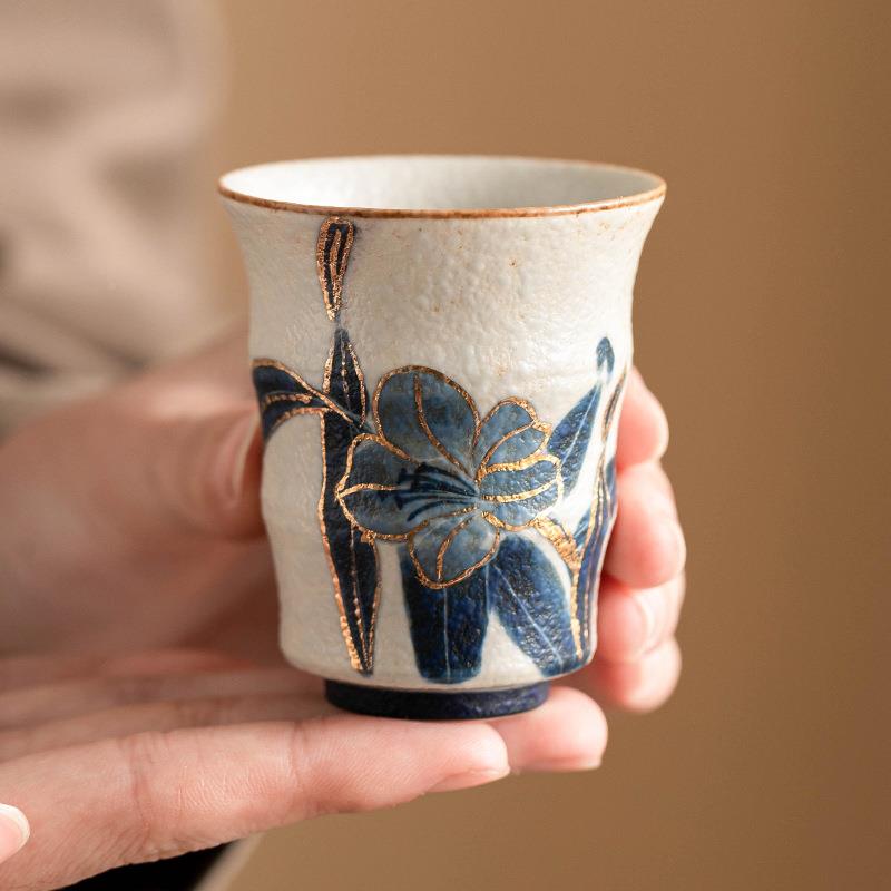 青花火石陶瓷茶杯24JS11-1主人杯描金手绘百合竹杯高节家用档品茗
