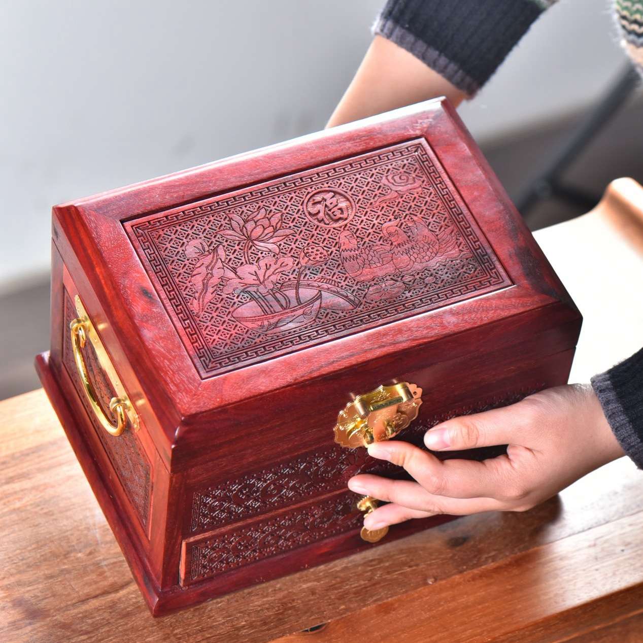 赞比亚紫檀木结婚实木中式家用珠宝首饰盒复古木质收纳盒百年好合