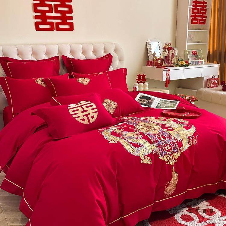 中式刺龙凤F5M55JT大红色婚庆套四件套新婚陪嫁棉绣质六件床单被,床上用品,婚庆床品套件,淘宝优惠券,粉丝福利购,淘宝优惠卷