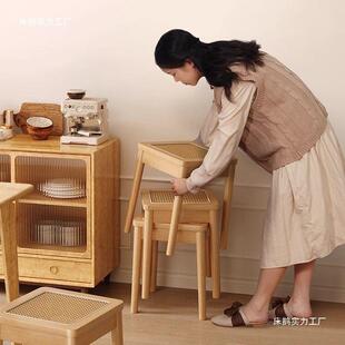 实藤木编凳子可叠放家中用古餐凳复凳古休闲方餐D1564254厅备用椅