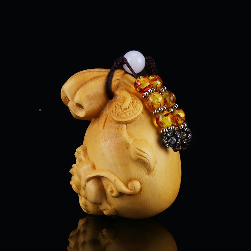 小黄杨木雕貔钱袋代代有貅无品牌/福招财钱袋汽车用品挂件小叶件