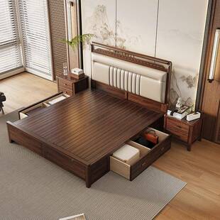 新式软包靠背乌金木双人床1.米大床现代简约中主卧大床8IGV储物婚