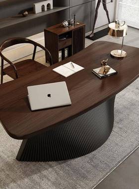 意式极简代用OAH书桌现板老办公桌异形设计师茶台写字家台扇形书