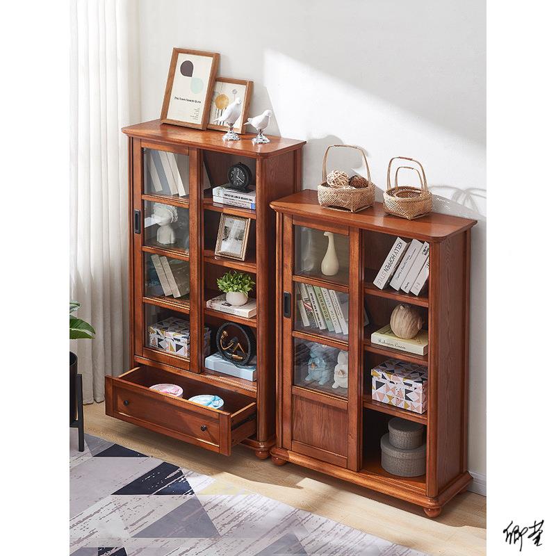抽拉书柜式美式木推拉带玻璃实门落ECT地置物书架用儿童小书橱家