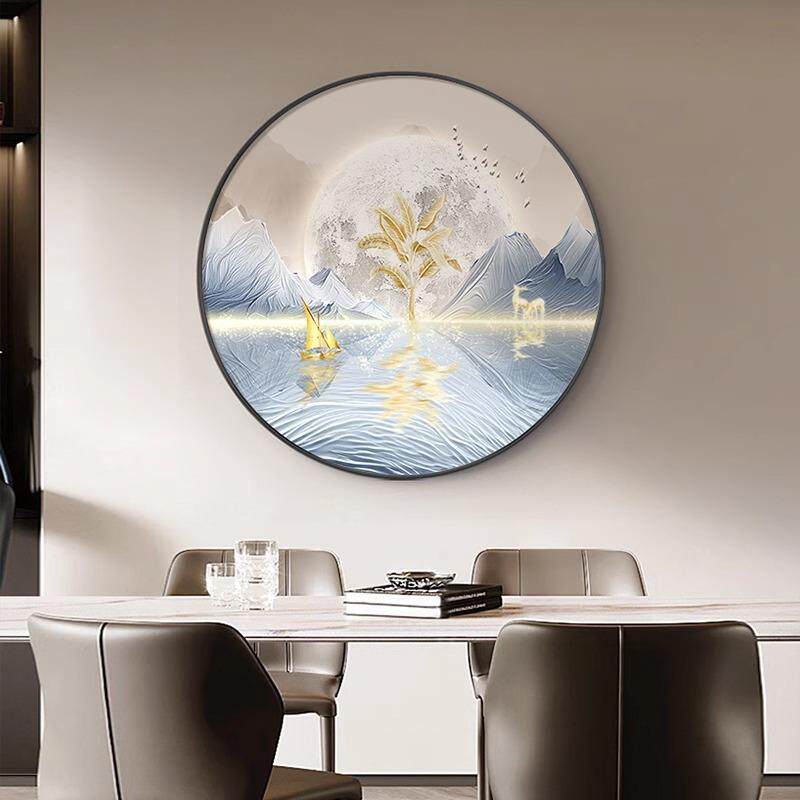 圆形山水挂画客厅装饰画喷绘现代油画布轻奢玄关油画铝合金高级感