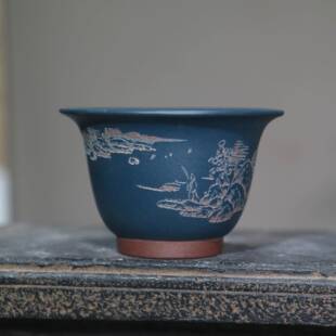 紫砂花盆微型盆景盆菖蒲盆孙伟制名家盆刻字刻绘花鸟山水小盆古风