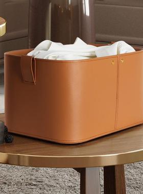 高档轻奢简约皮质橙色编织篮家用桌面杂物玩具收纳筐手提储物盒子
