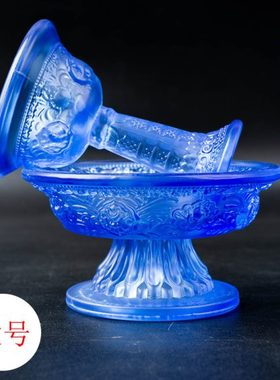 蓝色水琉璃护法杯供水供酒八吉祥供杯 西藏密宗法器具 大号 蓝色