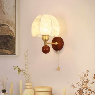 法式复古卧室壁灯中古布艺客厅背景墙灯侘寂风胡桃木色阅读床头灯