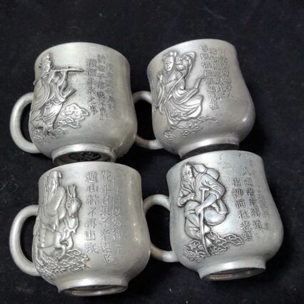 仿古白铜镀银八仙杯子茶杯酒杯4个杯子一套影视道具家居摆件收藏