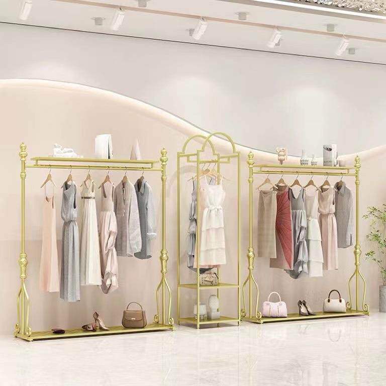 轻奢铁艺服装展示架女装店挂衣架加厚服装落地货架金色挂衣陈列架