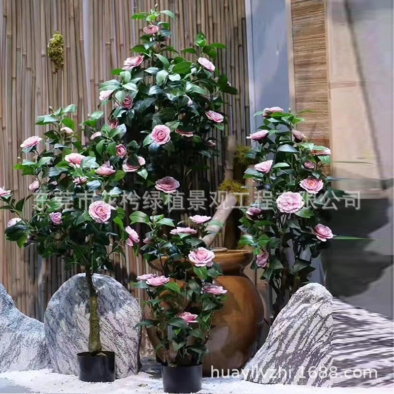 创意高仿真山茶花盆栽玫瑰假花落地室客厅装饰假树枝插花植物花艺