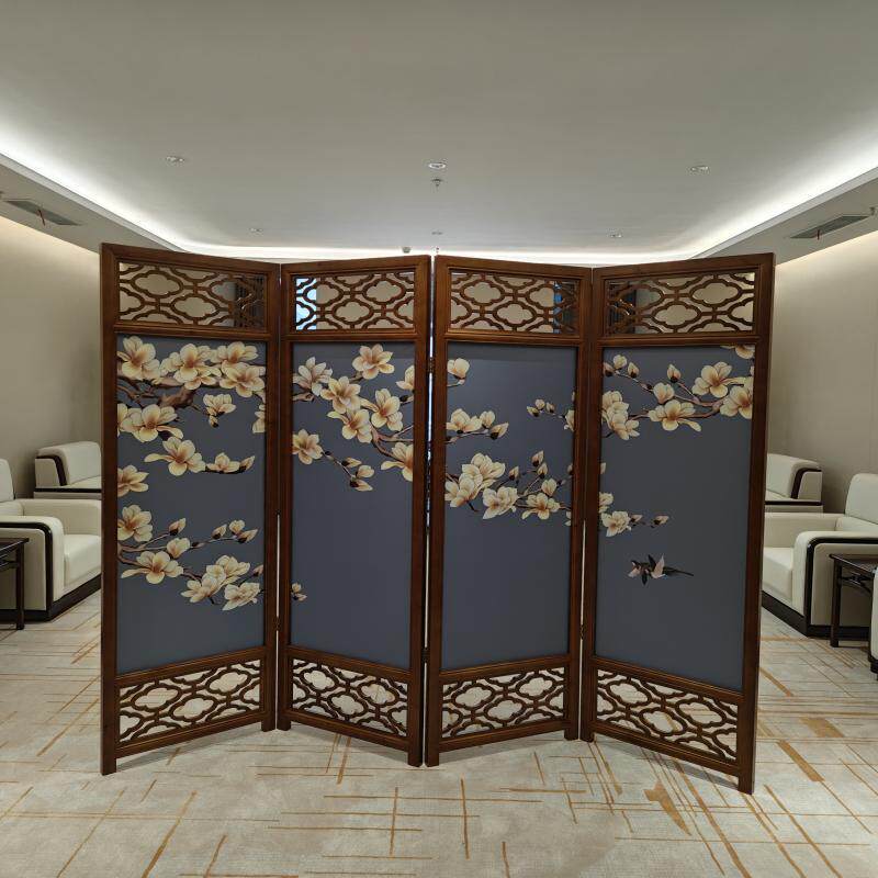 厂家直供新中式实木办公司客厅玄关酒店餐厅折叠移动纱画屏风隔断