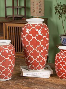 红色摆陶瓷花瓶件新LAY饰中式厅玄关装北欧仿真花插客花花瓶可水