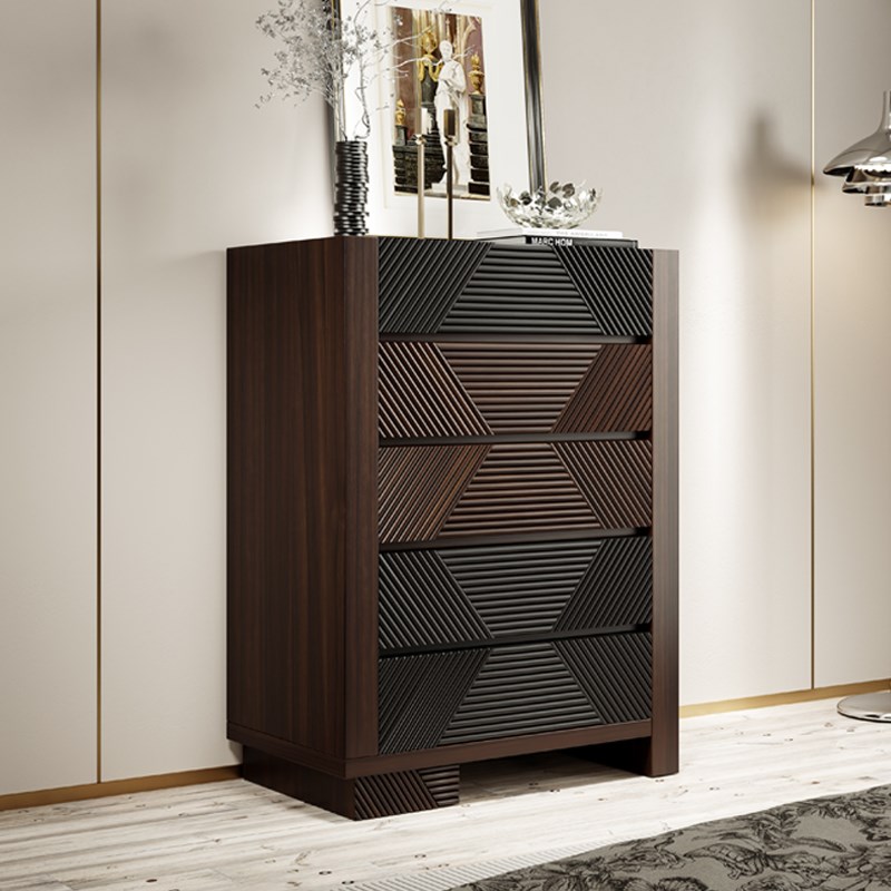 意式轻奢五斗柜中古风胡r桃木卧室边柜伸缩可调门厅实木装饰收纳