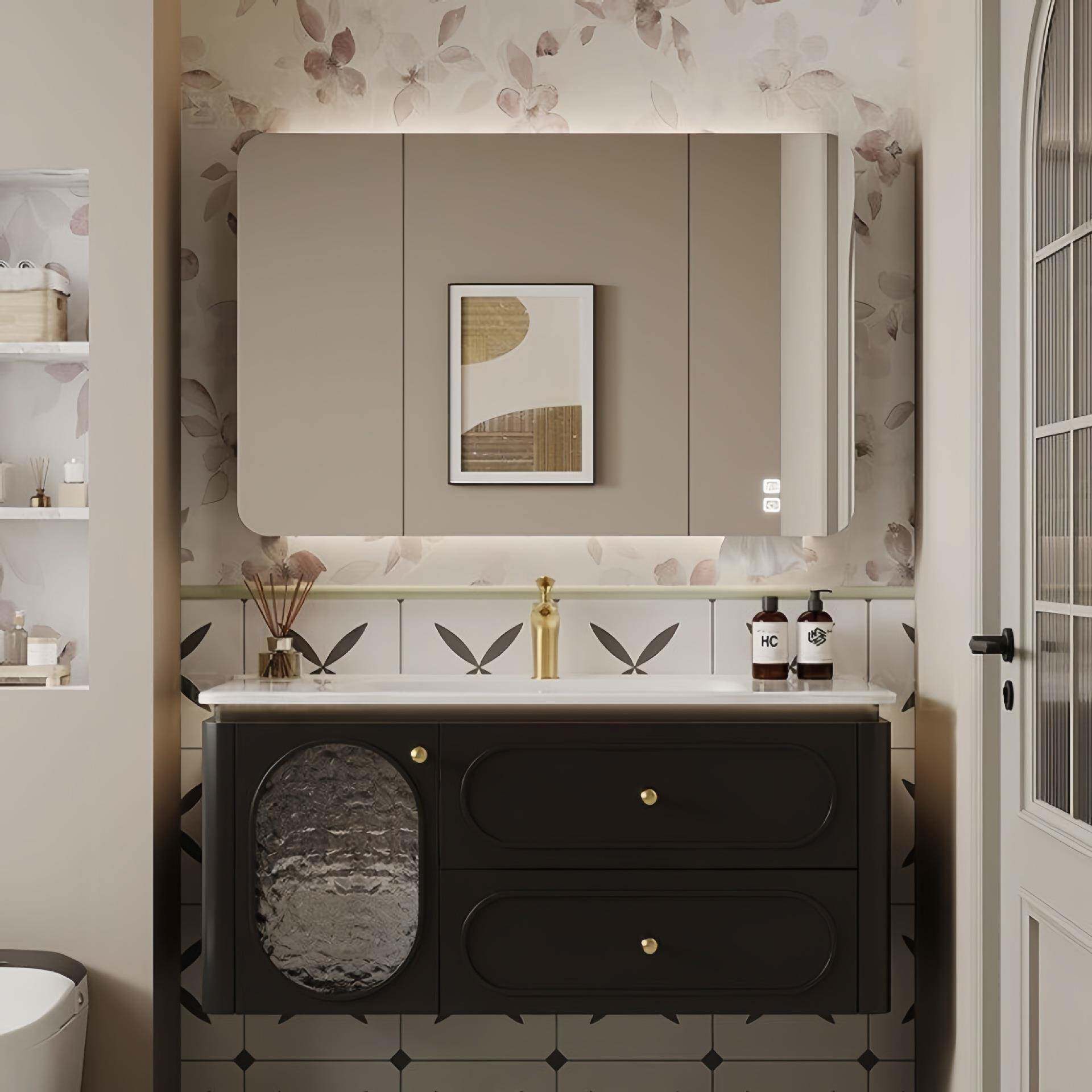 法式橡木烤漆中古风卫生间浴室柜组合陶瓷一体盆防潮洗脸洗漱台盆