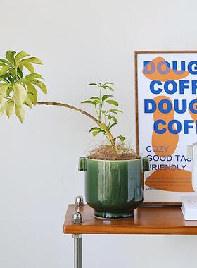 北欧简约双耳陶瓷花盆宝套绿色釉面创意XHJD042S海芋植盆n桌面is