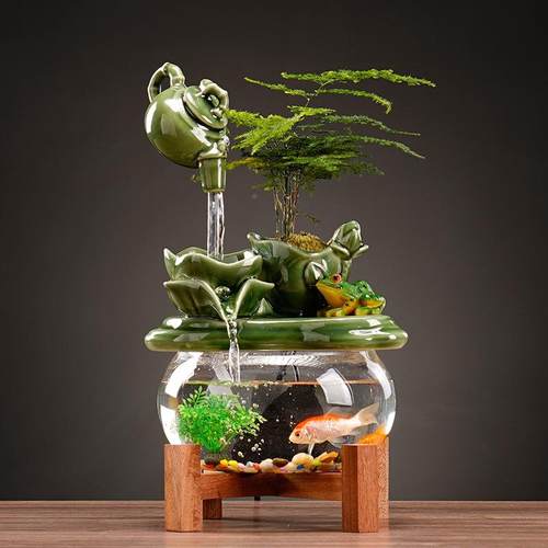 青瓷荷环花循流水摆件招HJS财生财瓷客厅泉加湿鱼缸养鱼喷开陶业