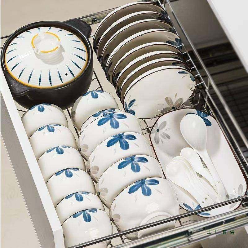 碗碟碗套0装家用225新款釉下彩陶瓷饭盘子碗碗盘Z1204筷中式餐具