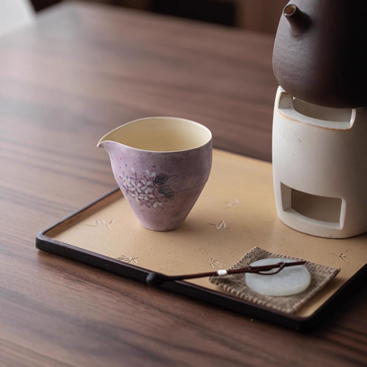 中式手绘公绣道杯功夫茶家用陶瓷茶杯茶海分器匀茶DWE具配件紫色