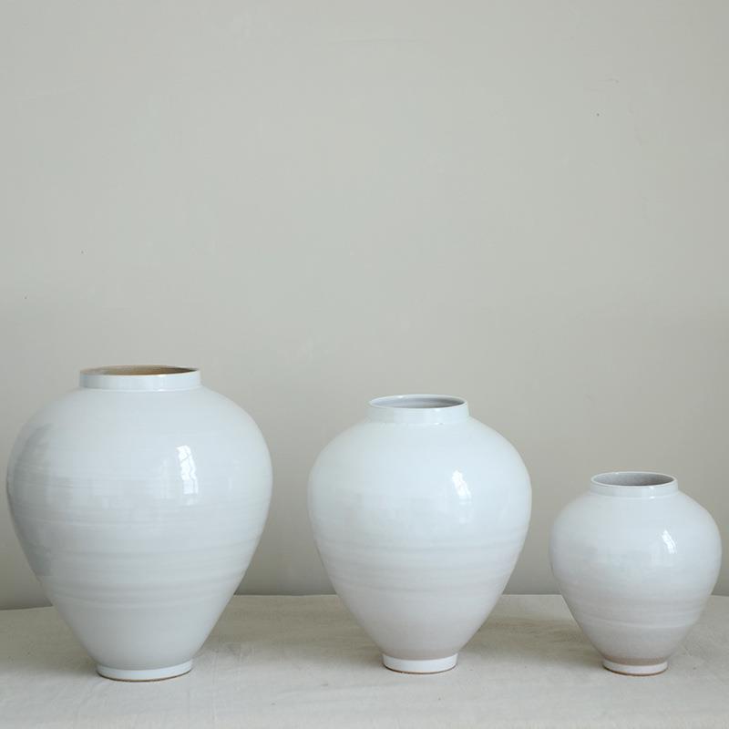 白色圆形瓶级感高摆件客厅插花花民器复古花粗陶JLU月亮罐宿禅意
