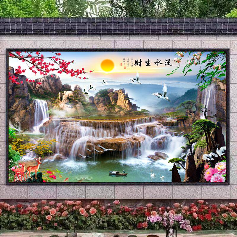 室外照壁瓷砖墙砖庭院迎门墙背景墙山水画户外影背墙流水生财