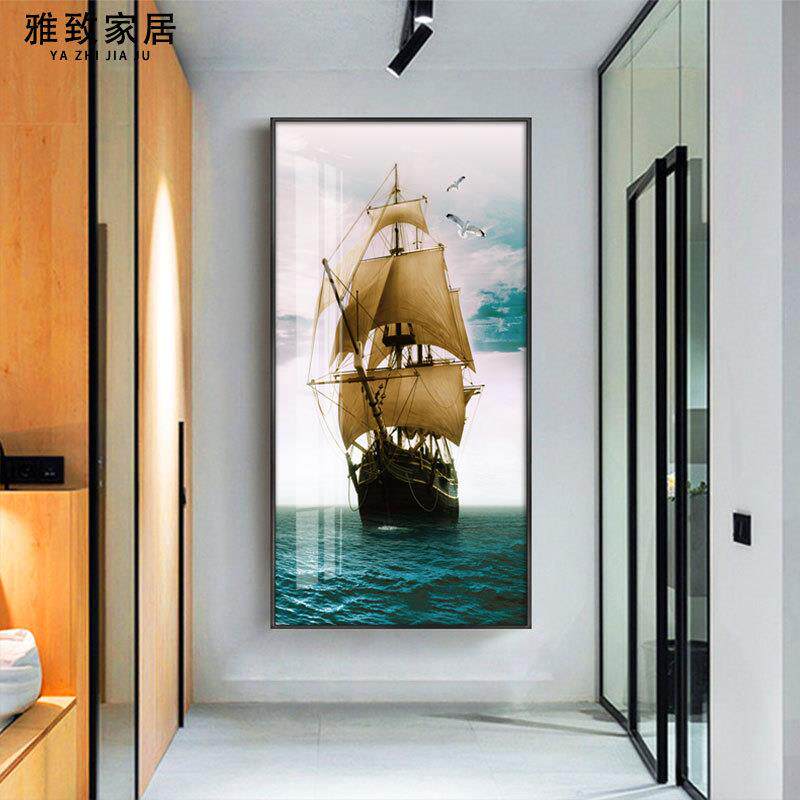 玄关装饰画竖版入门走廊现代简约一帆风顺挂画过道客厅招财风水画