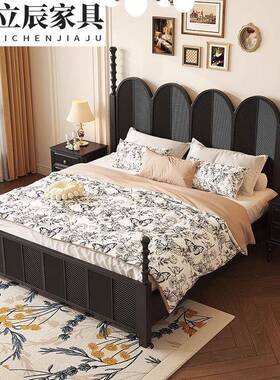黑色轻奢美式双人床1.8米储物高箱1.5m雕花中古风法式复古实木床