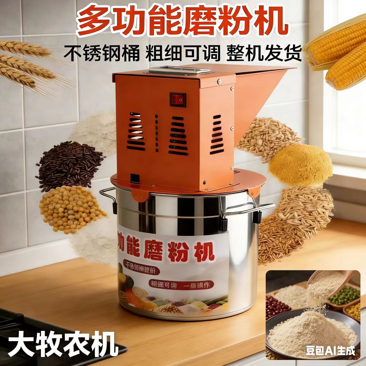 打米机家用小型谷物磨粉机香料打粉机不锈钢桶粗细可调跨境出口