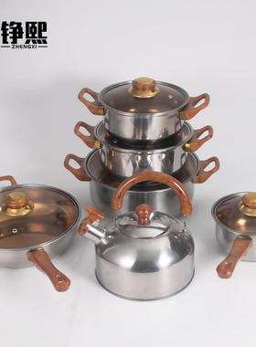 不锈钢12件套装锅厨房日用烹饪带水壶镀金手柄组合锅POTS