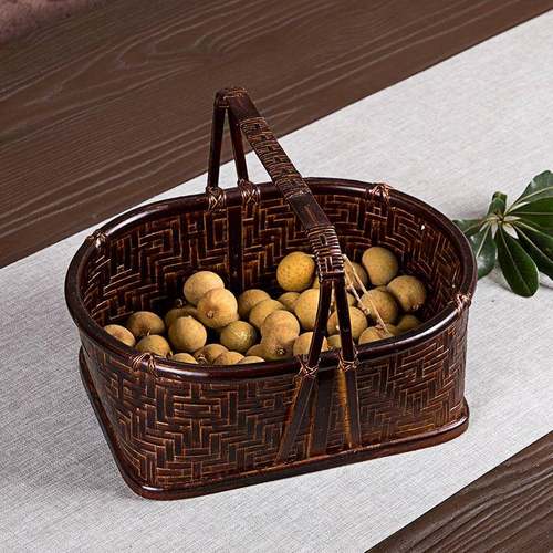 CJD手竹编仿古工提篮茶用具收纳盒日式篮水果篮点心竹篮家收纳筐