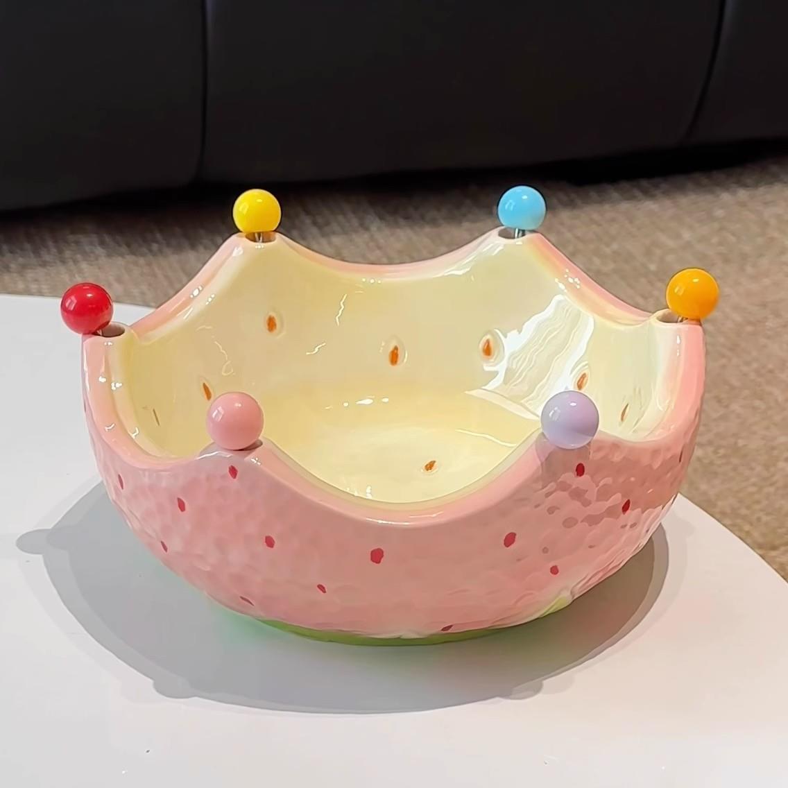 草莓果盘水套果叉可果爱陶瓷大容量水果盘不锈钢全水签果叉果碗安