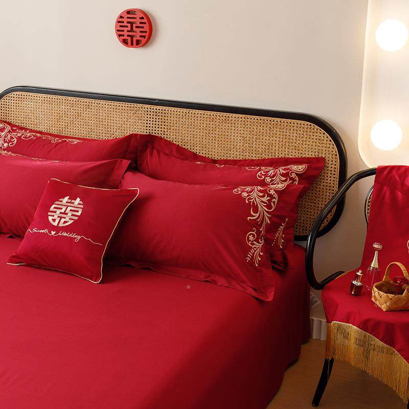 婚庆纯棉10支长绒大棉四件套红色刺被套绣全棉1.80mCGL22-Ys结婚
