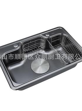 加厚拉丝压纹黑色港湾一体拉伸大单槽304水槽不锈钢平盖下水7548B