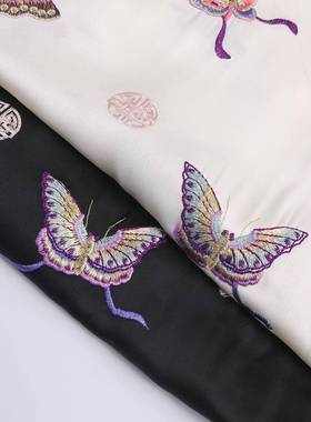 醋仿酸真丝缎面刺绣风面料国E14800蝴蝶绣花麻布料